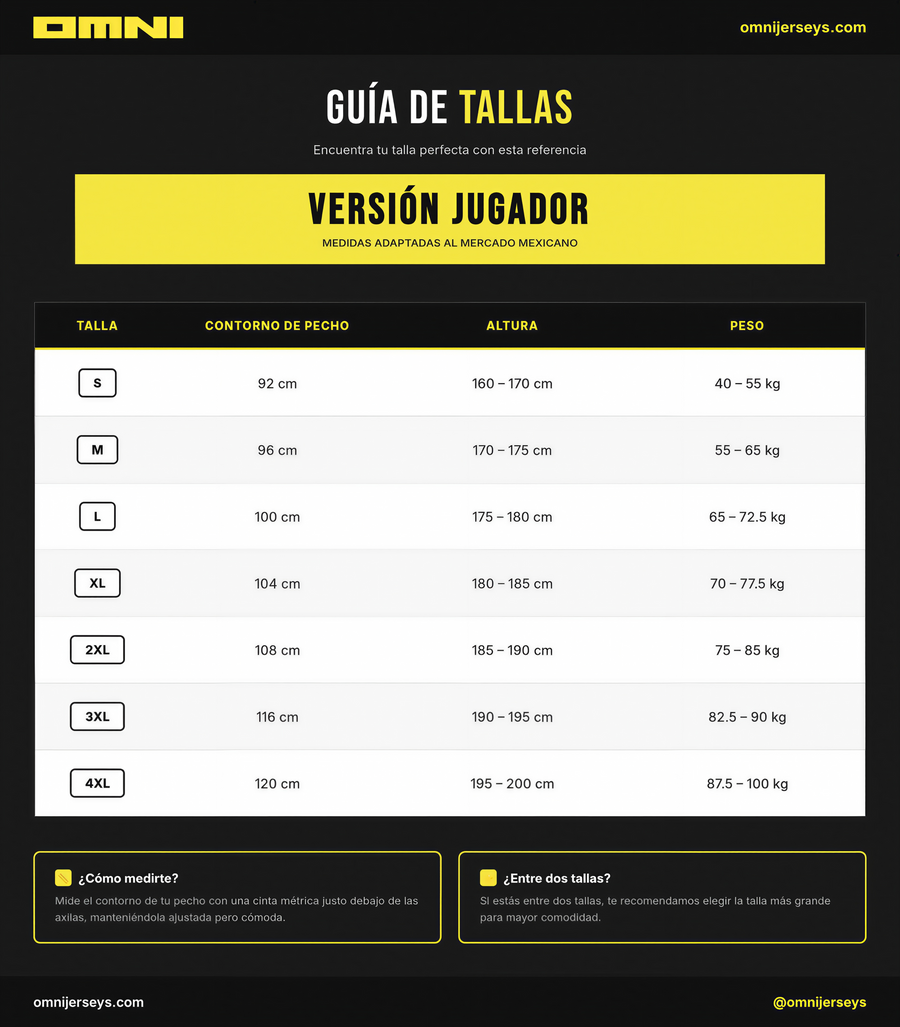 Guía de tallas Cruz Azul 25/26 Alternativa Vers. Jugador